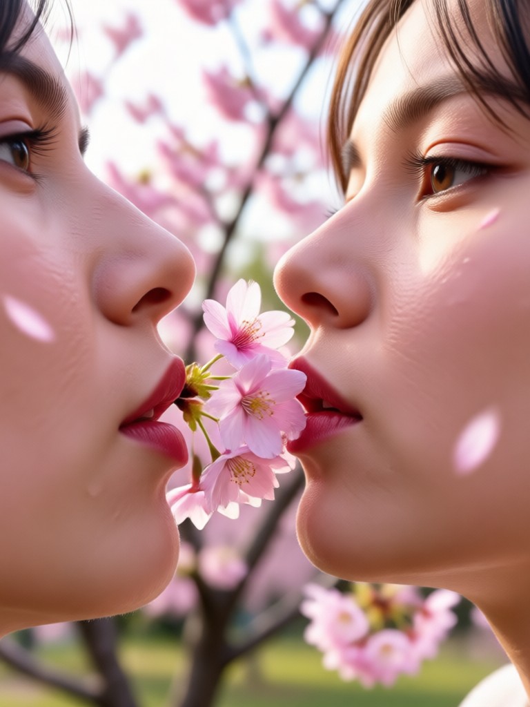 Couple under cherry blossoms AI video