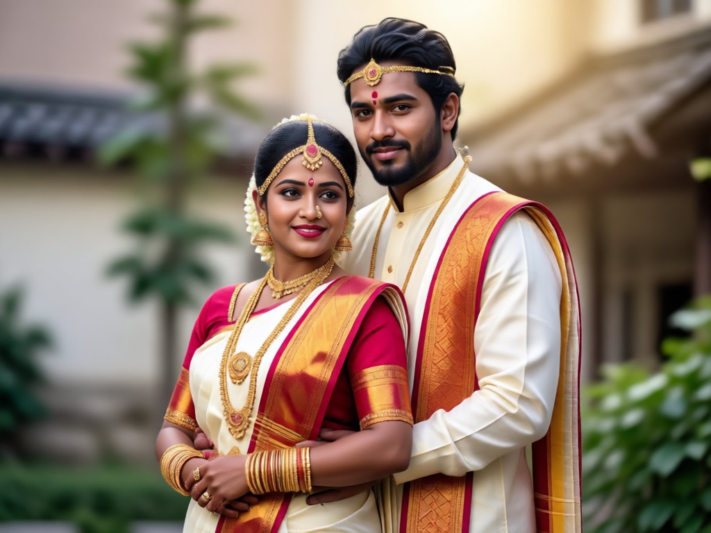 Pasangan India Selatan hasil AI dalam sari Kanjeevaram dan veshti detail