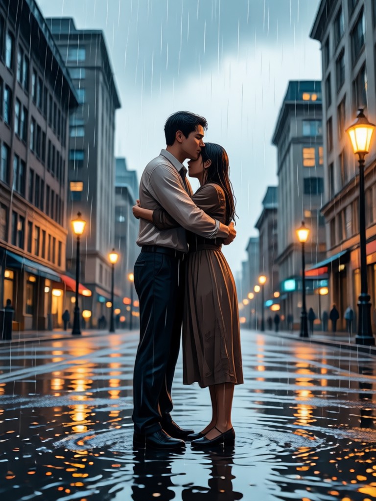 Tender Embrace in Rain