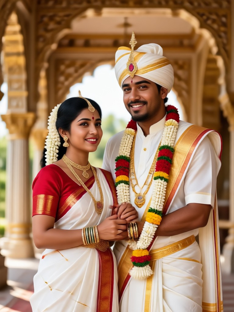 Retrato de boda tamil tradicional con rojo y dorado