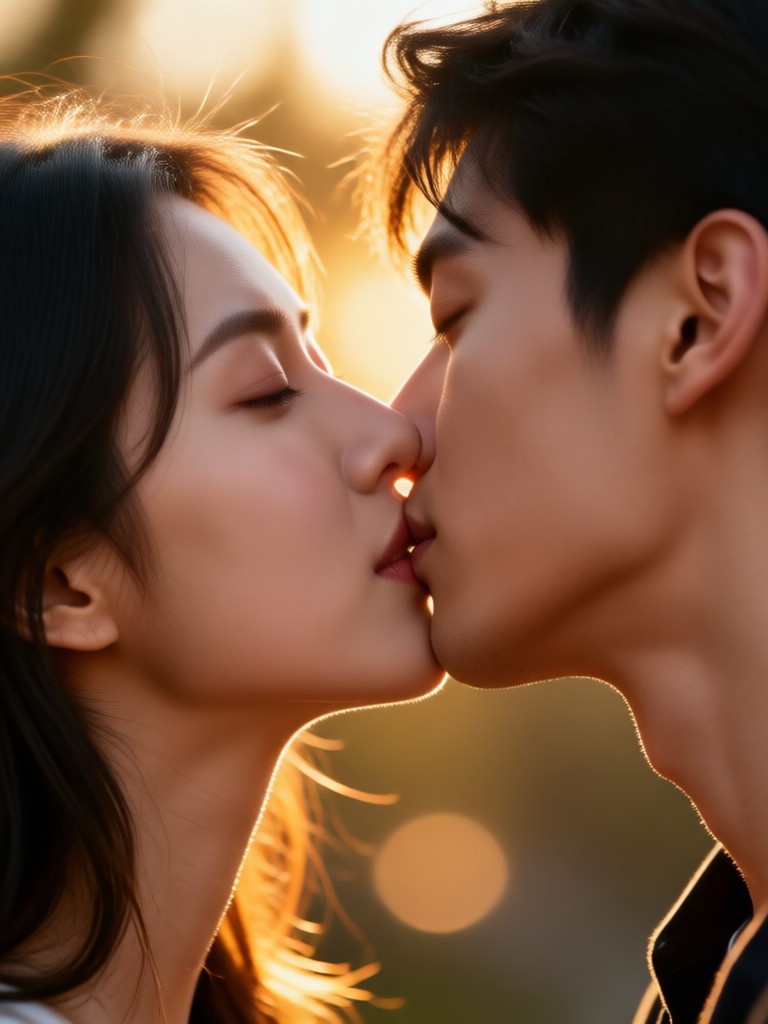 Escena de beso romántico en interior con velas generada por IA