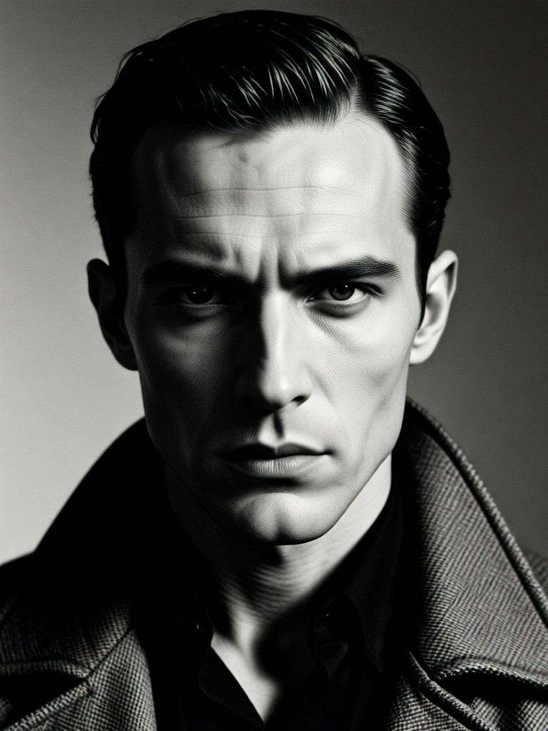 Retrato noir preto e branco dramático gerado por IA com sombras marcantes