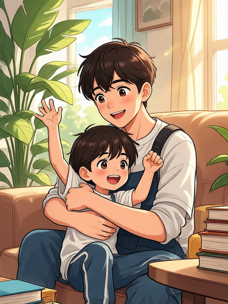 Realistic photo of person hugging school age self