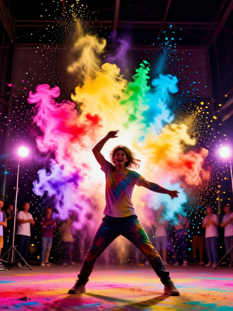 Playful AI Holi photo with subject laughing amidst a color explosion