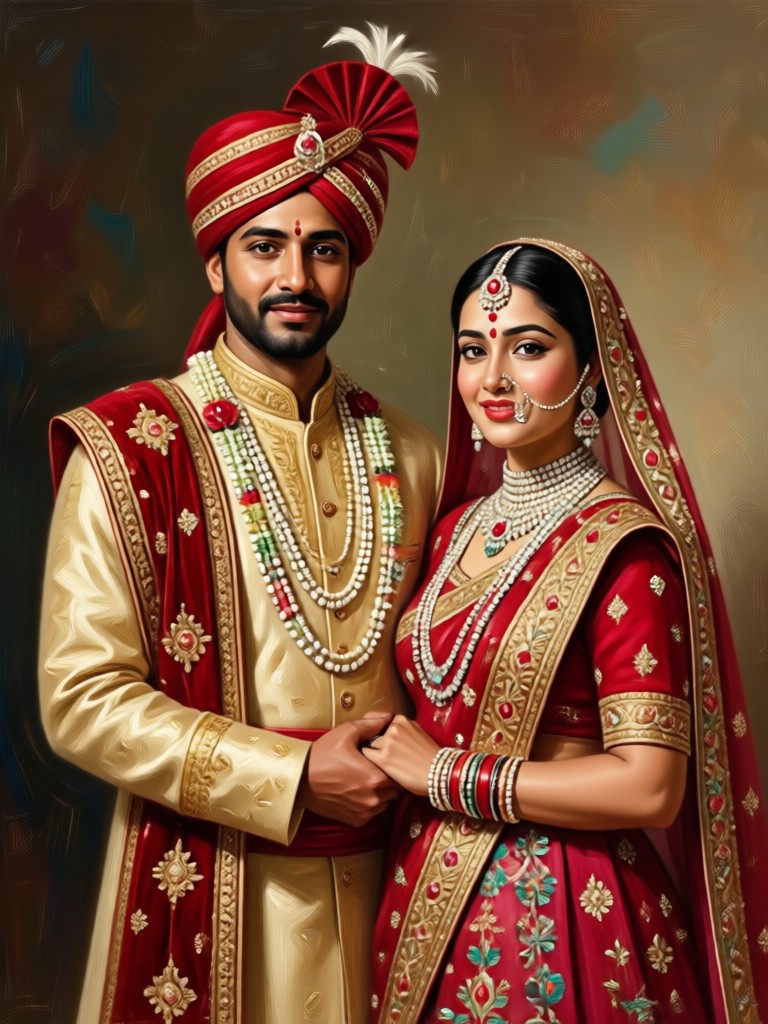 Couple in silk outfits with a vintage palace background