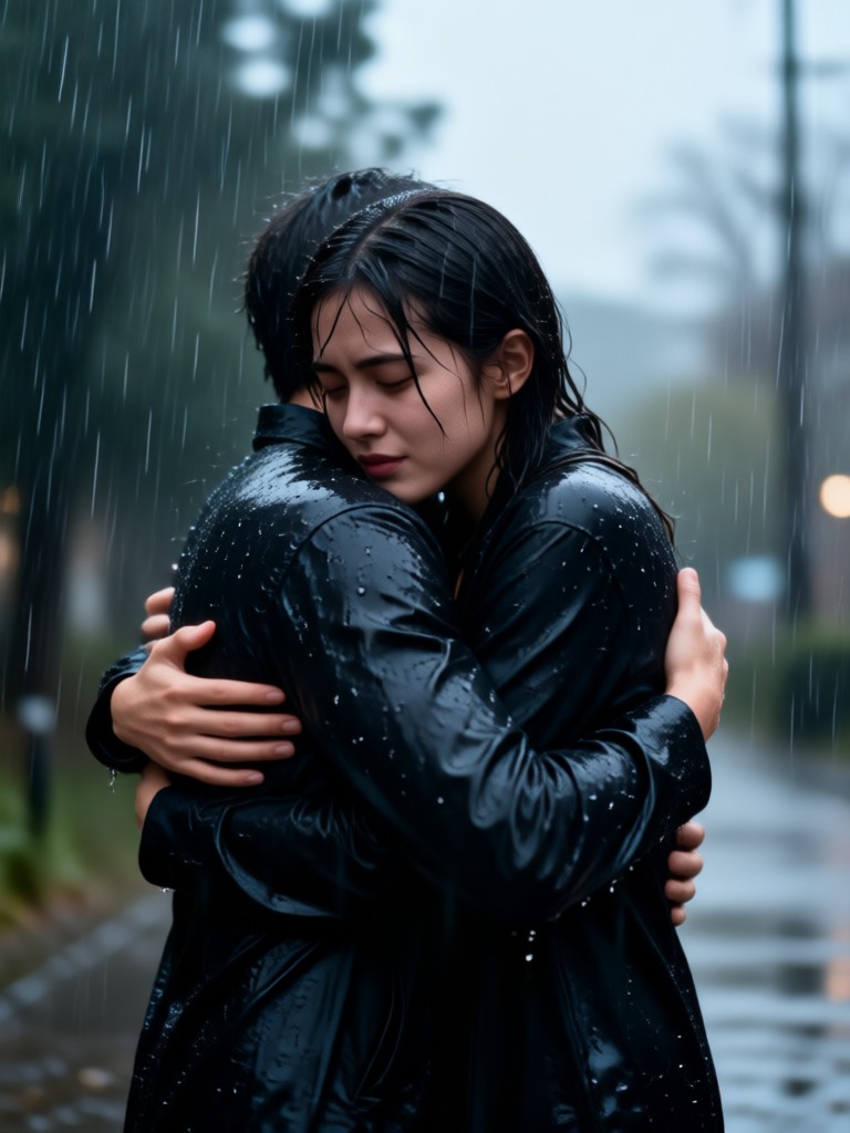 Father and child emotional reunion in rain