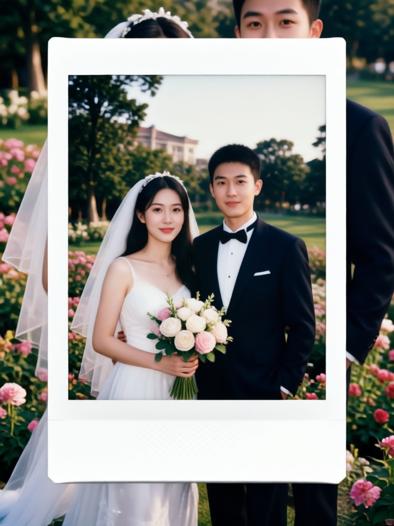 Sunset wedding photo with Polaroid fade effect