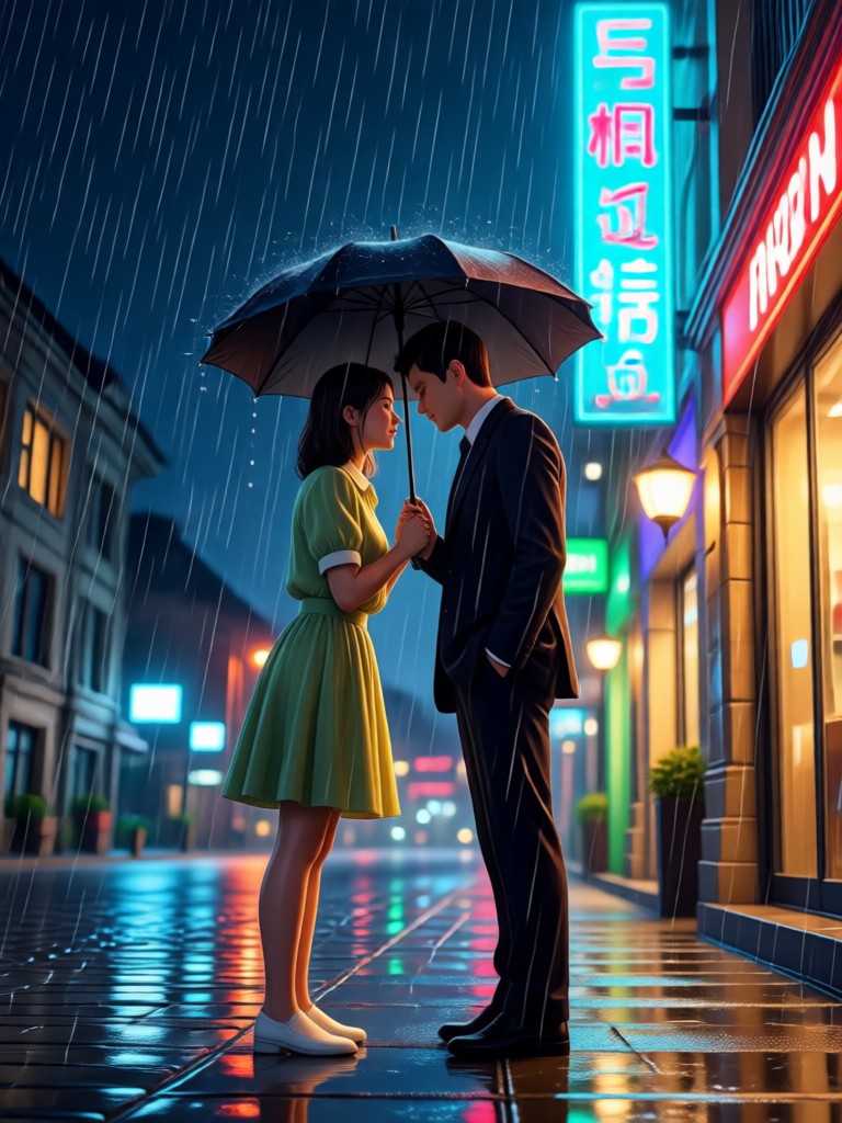 우산 아래 열정적인 장맛비 키스 AI 영상