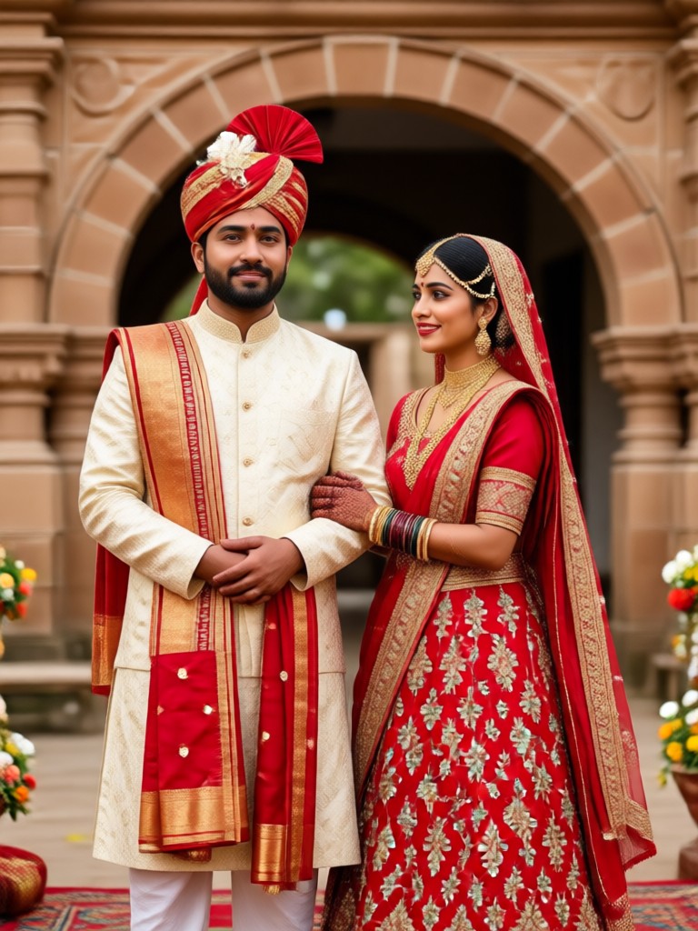 indisches paar in hochzeitskleidung bei lehmhaus