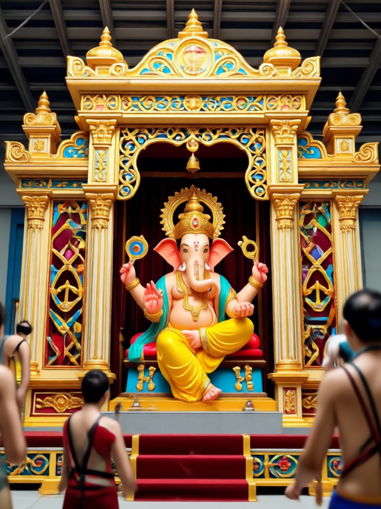 Traditional red and gold Ganpati pandal