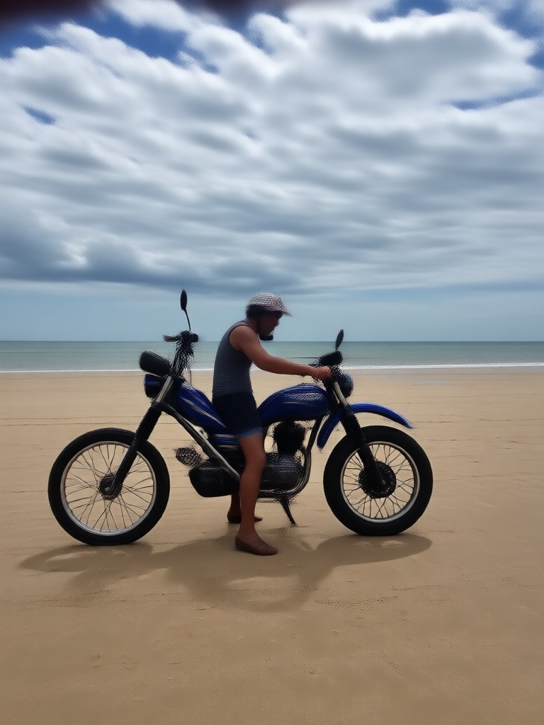 Dramatic black and white AI motorcycle portrait with crashing waves