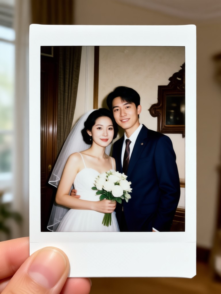 Romantic wedding kiss in retro Polaroid format
