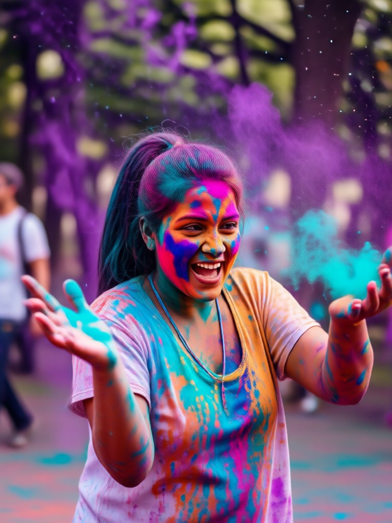 Portrait focused on eyes with delicate AI Holi color highlights
