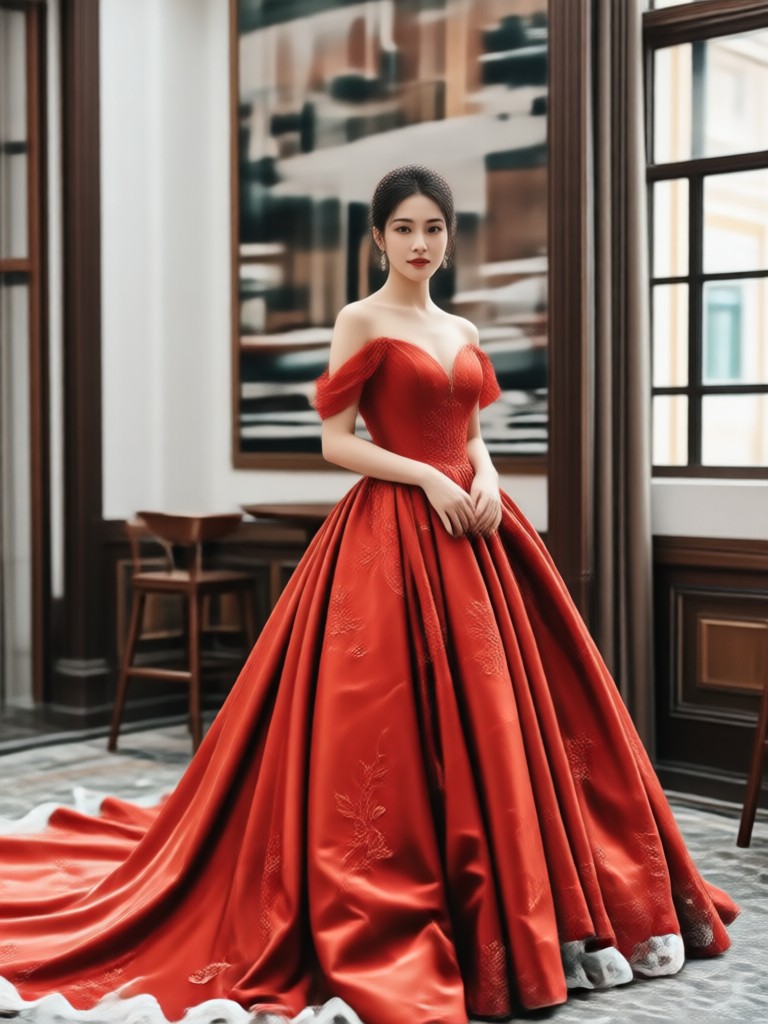 Elegant lace red wedding dress AI filter result