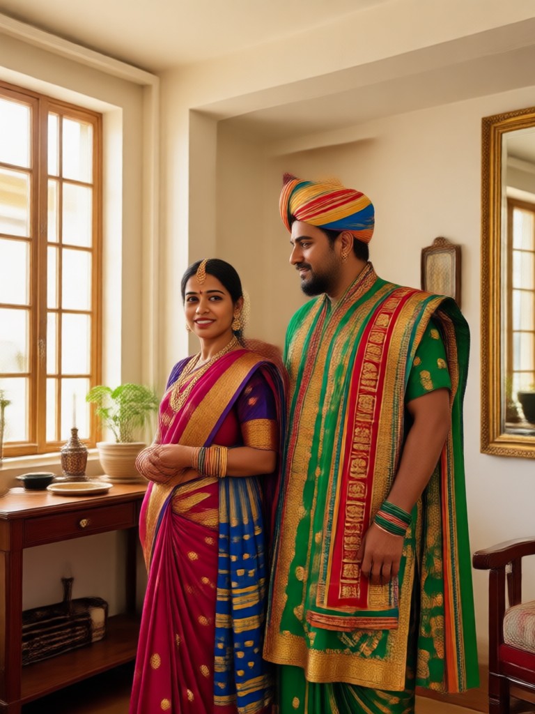 App screenshot showing Gujarati couple photo generation