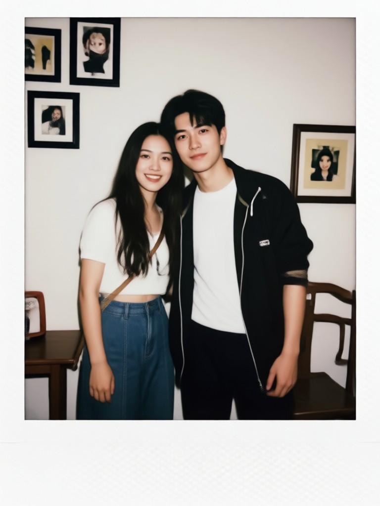 Christmas themed couple Polaroid by a tree