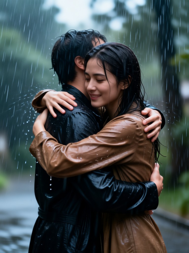 Romantic couple rain cuddle video at sunset