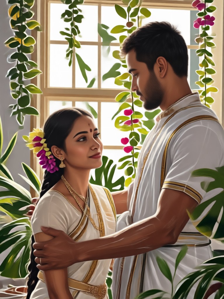 Kerala couple traditional engagement photo with thalappoli