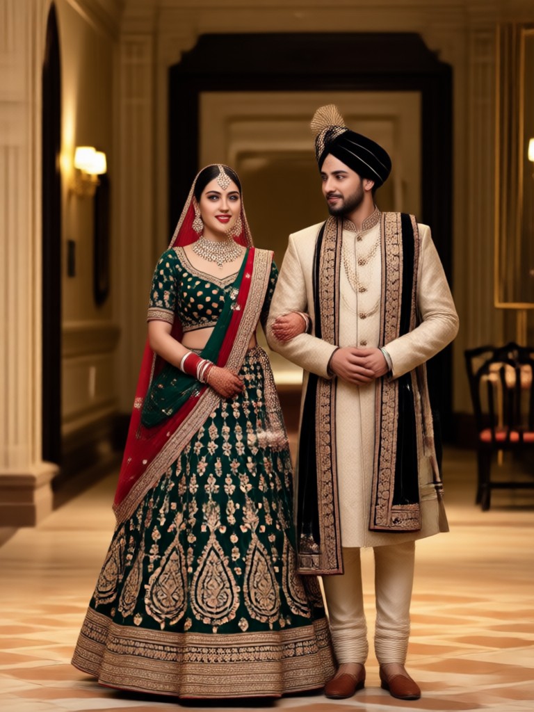 Outdoor garden wedding lehenga sherwani portrait