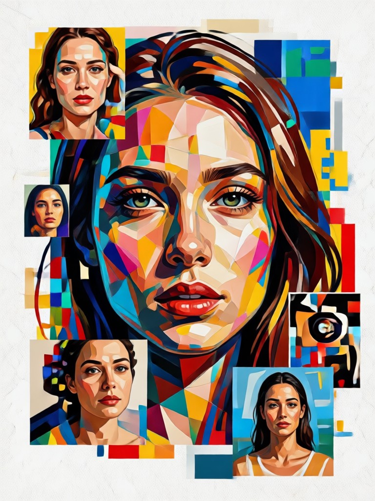 Overlapping multi frame portrait with floral elements