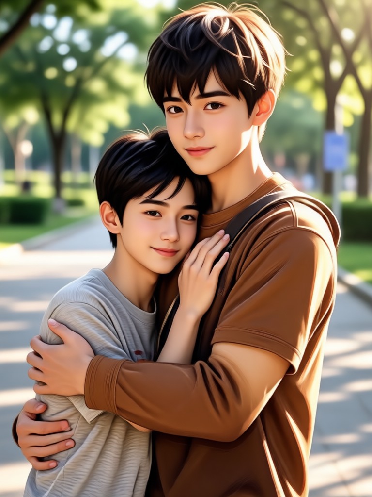 Man comforting his younger self on a park bench