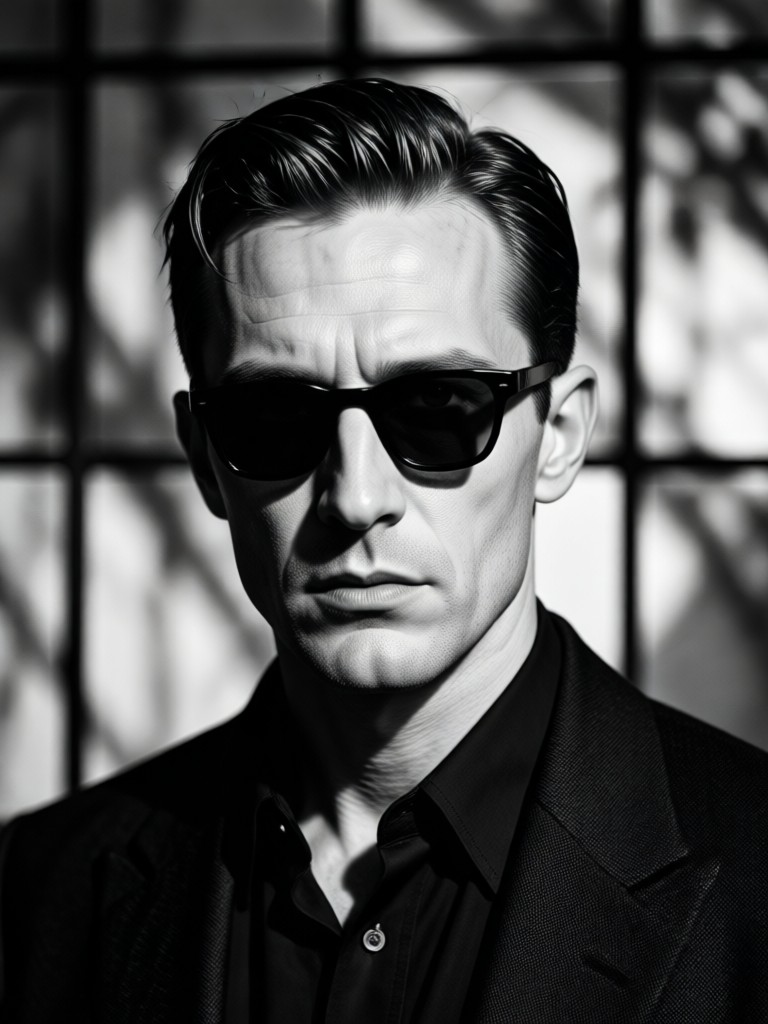 noir style portrait with venetian blind shadows