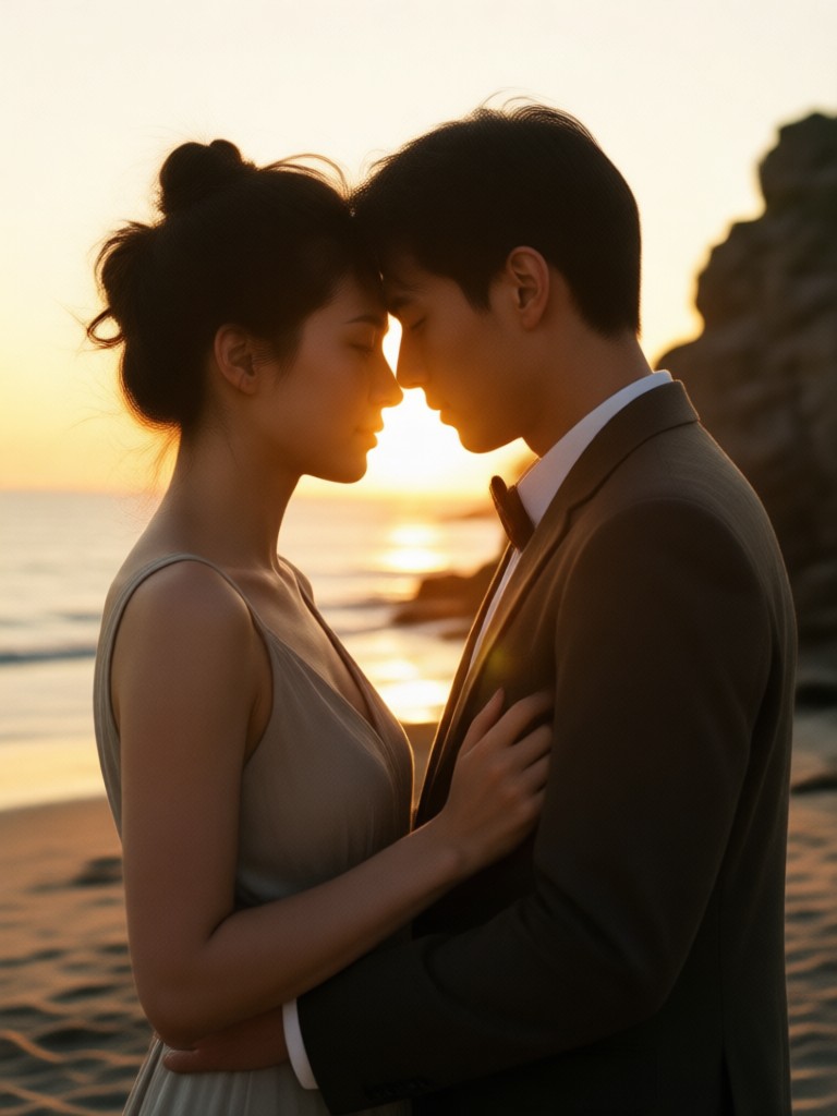 Beach sunset couple photo with faded vintage film aesthetic