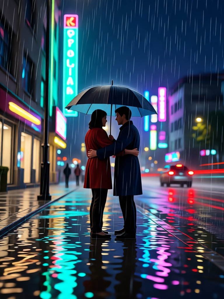 雨の中の街灯の下に立つ孤独な人物