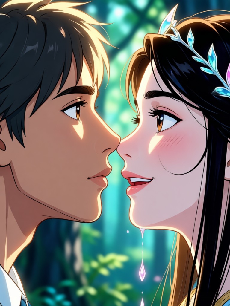 Wizard and witch kiss with spell circles