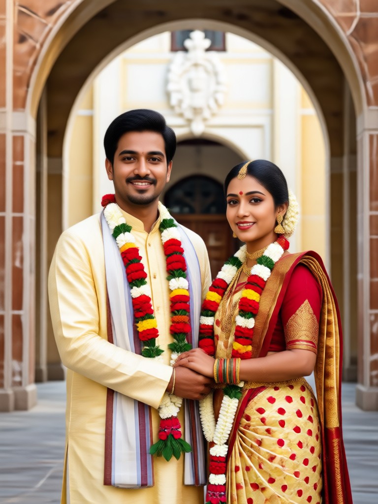 Couple in modern fusion Bengali attire generated by AI