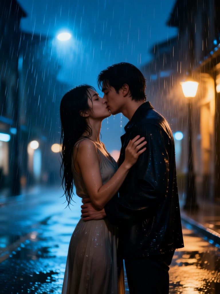 Mobile app cinematic rainy night kiss generation