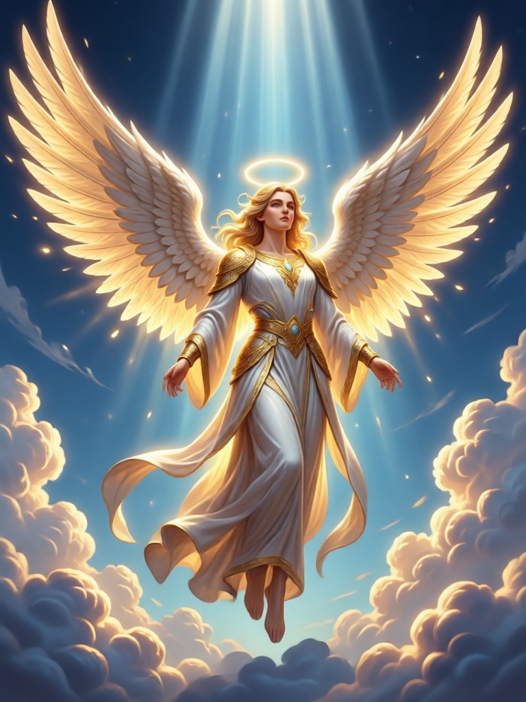 Celestial being with multiple sets of glowing wings