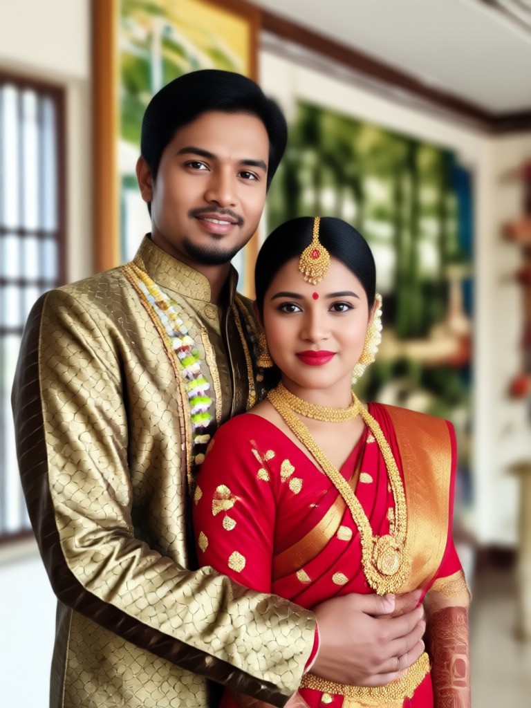 Elderly Bengali couple portrait in traditional daily wear