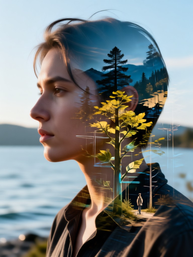 Couple profiles forming a heart shape double exposure