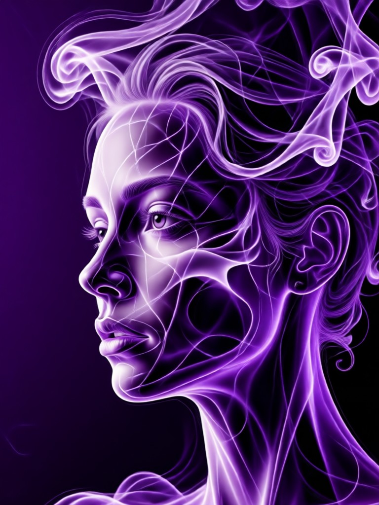 Perfil dramático com fundo de fumaça violeta volumosa