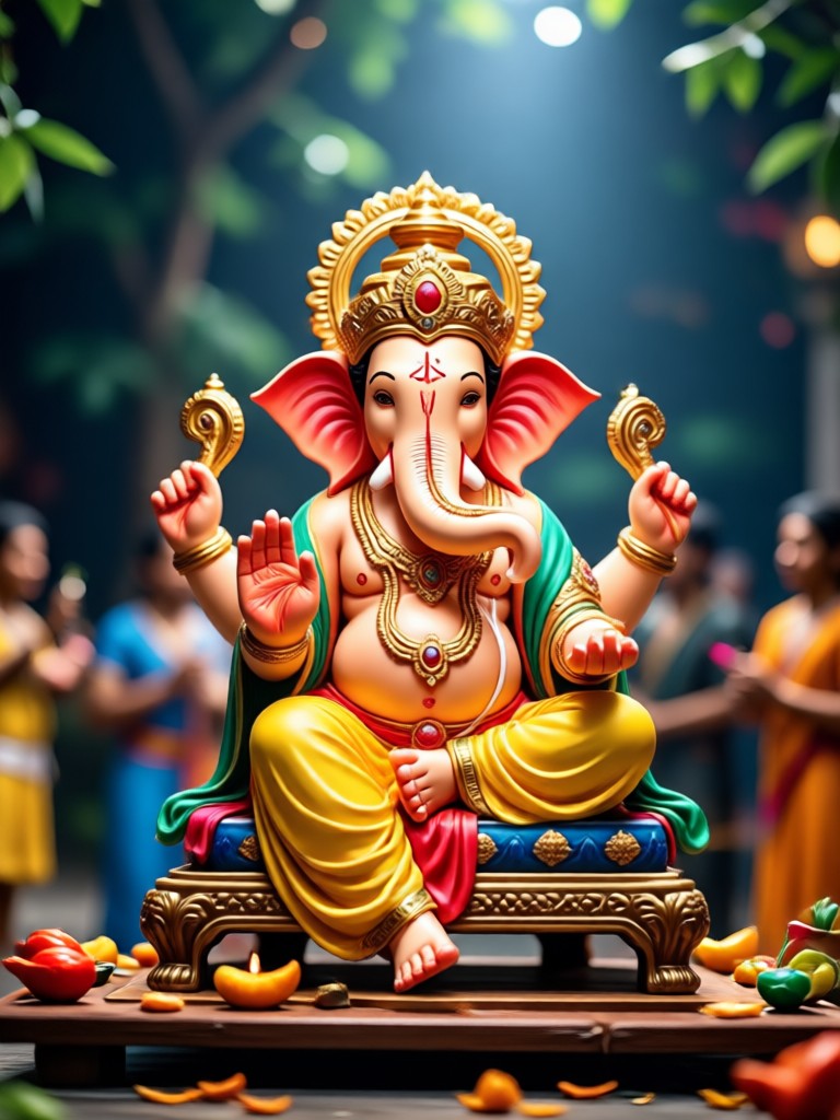 Animated Diya and Flower Effects on Ganpati Photo