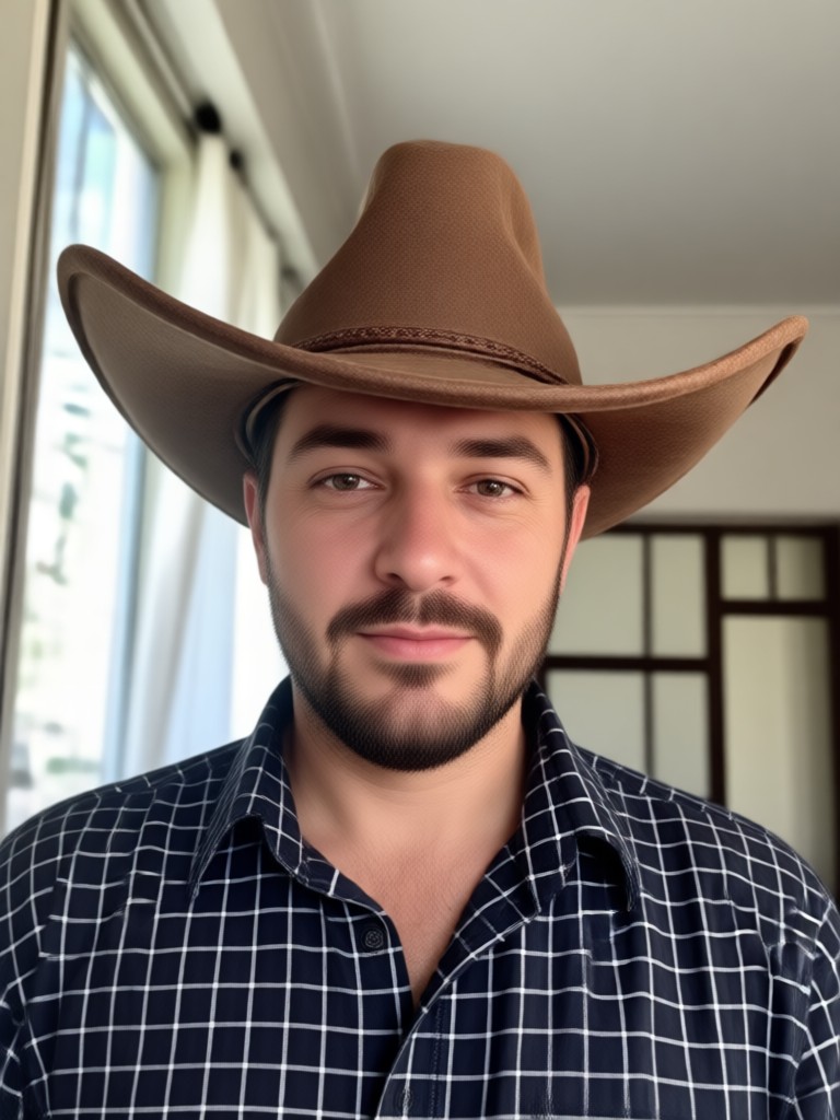 Person wearing a cowboy hat with a decorative feather