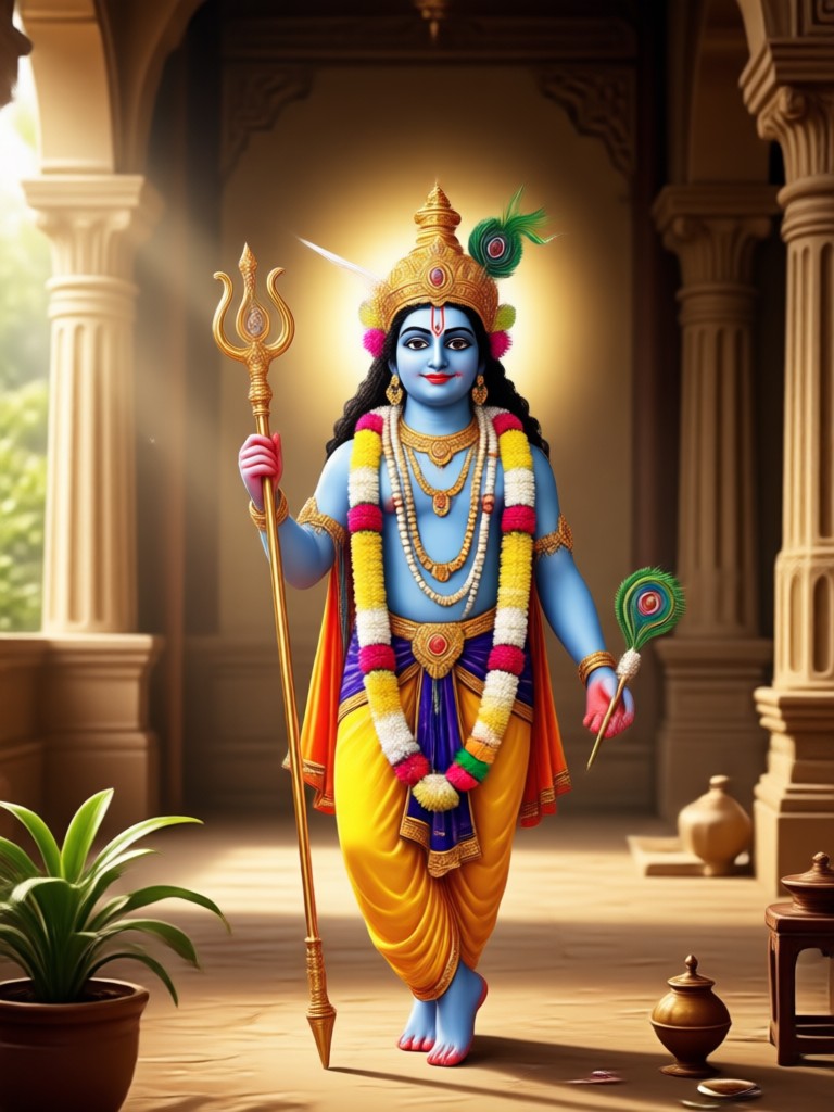 Man transformed into Lord Krishna playing flute