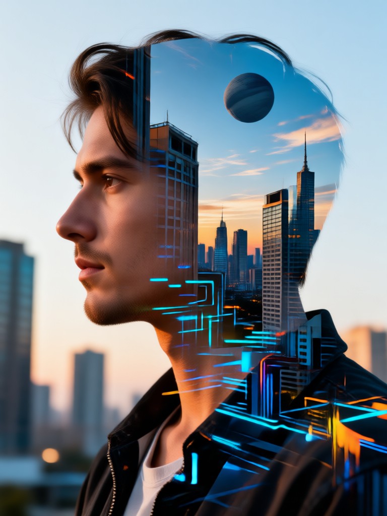 Romantic double exposure with city skyline at night
