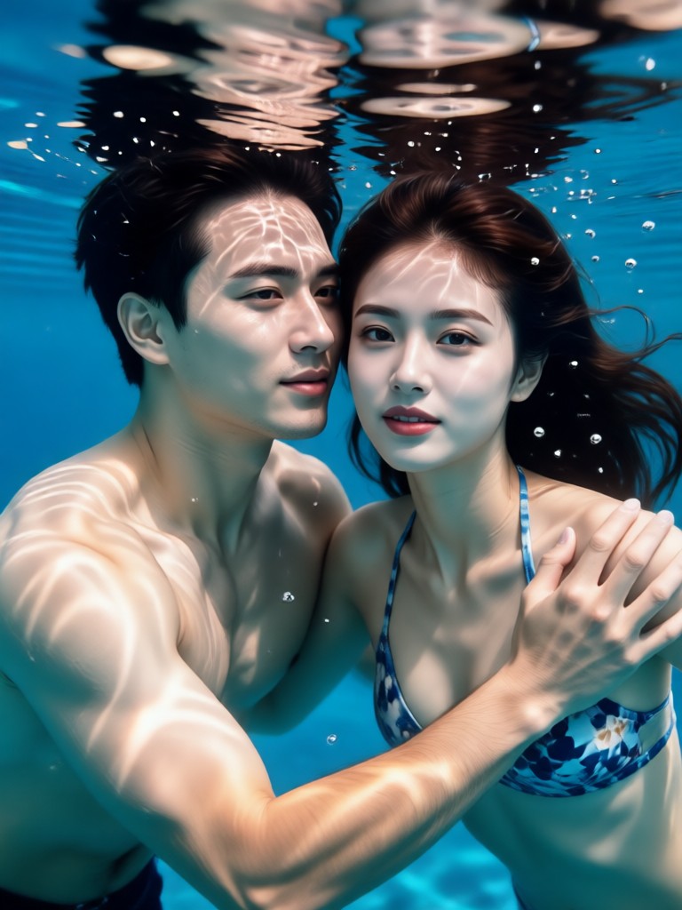 Romantic underwater kiss portrait with floating hair