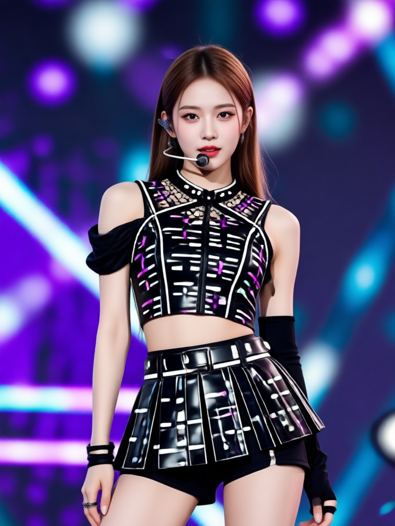 Idol kpop femenina generada por IA con cabello rosa y brillantina