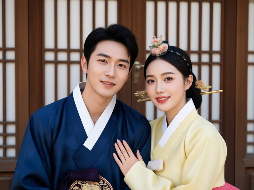 Realistic hanbok couple portrait with natural interaction