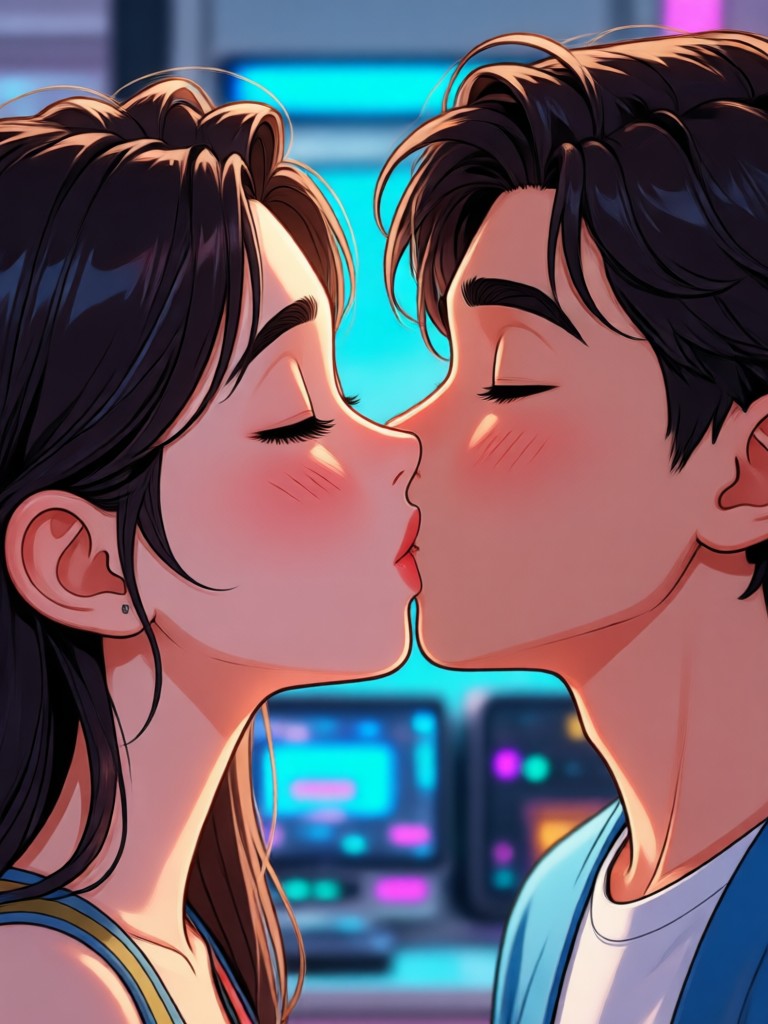 Phone screen showing a generated couple kissing video