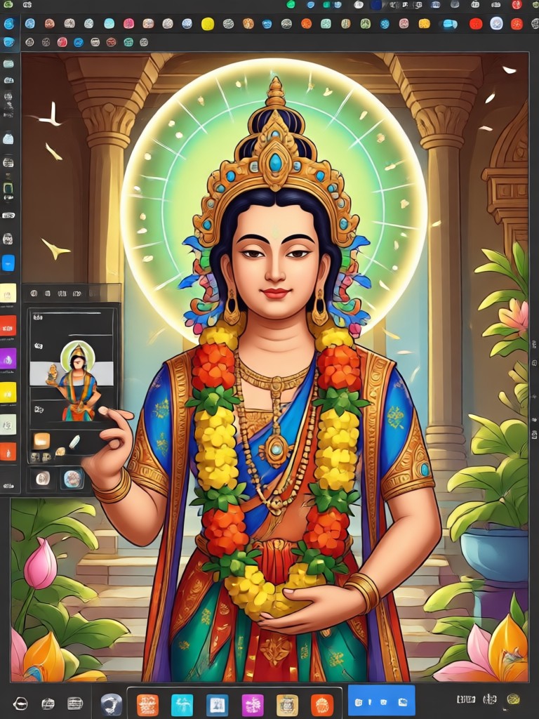 Portrait with gold jewelry and flower garland AI filter
