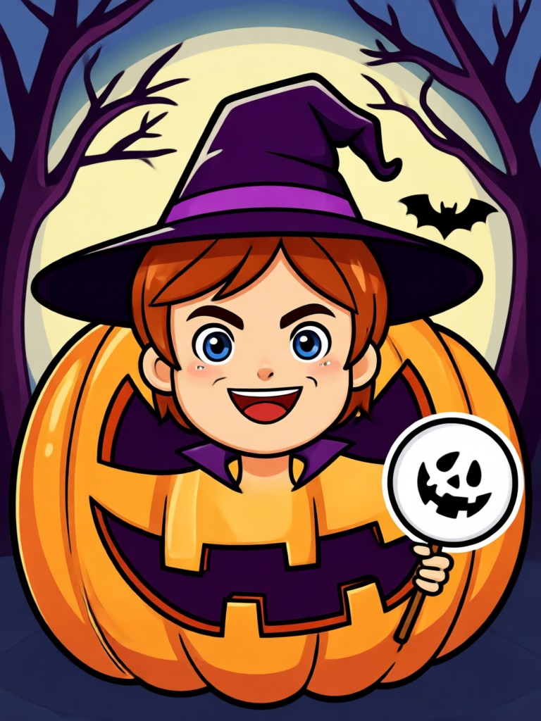 Cartoon-Hexen-Halloween-Avatar mit Spitzhut und Besen