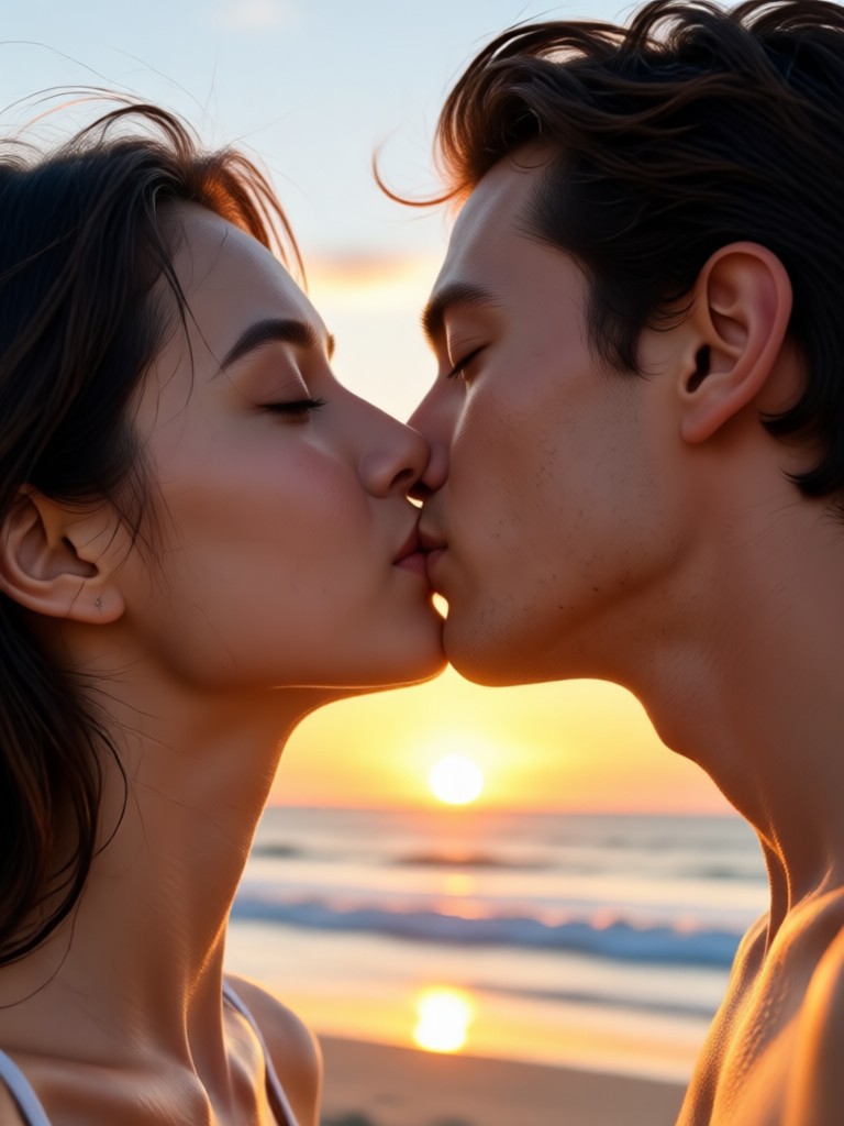 Couple kissing at sunset beach AI video
