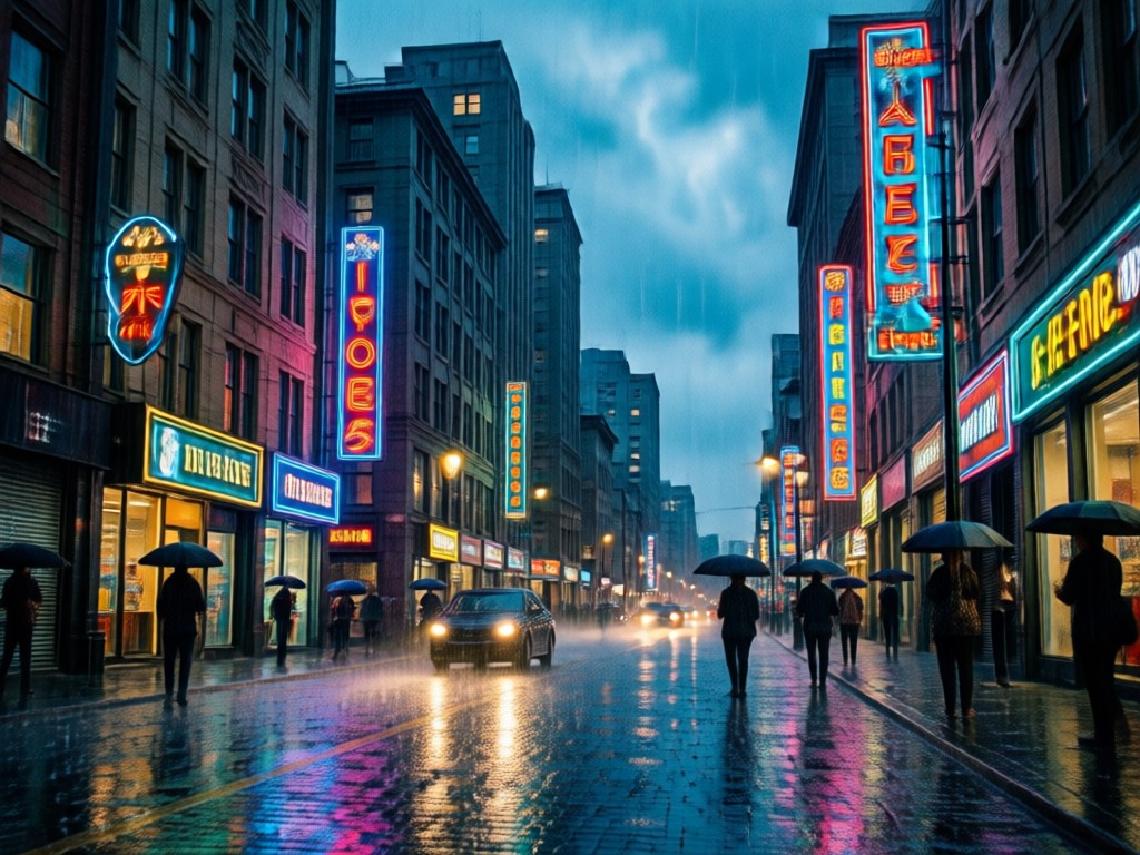 Cinematic mood lighting and reflections for rainy photos