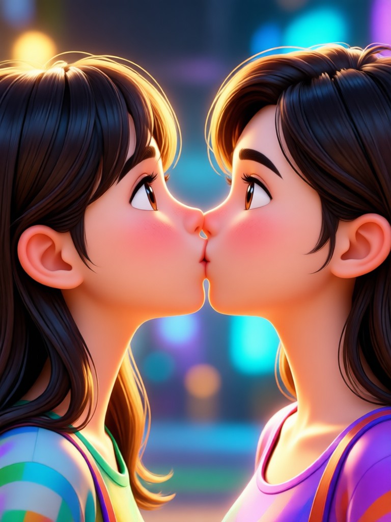 Realistic 3D avatar couple in a romantic slow motion kiss