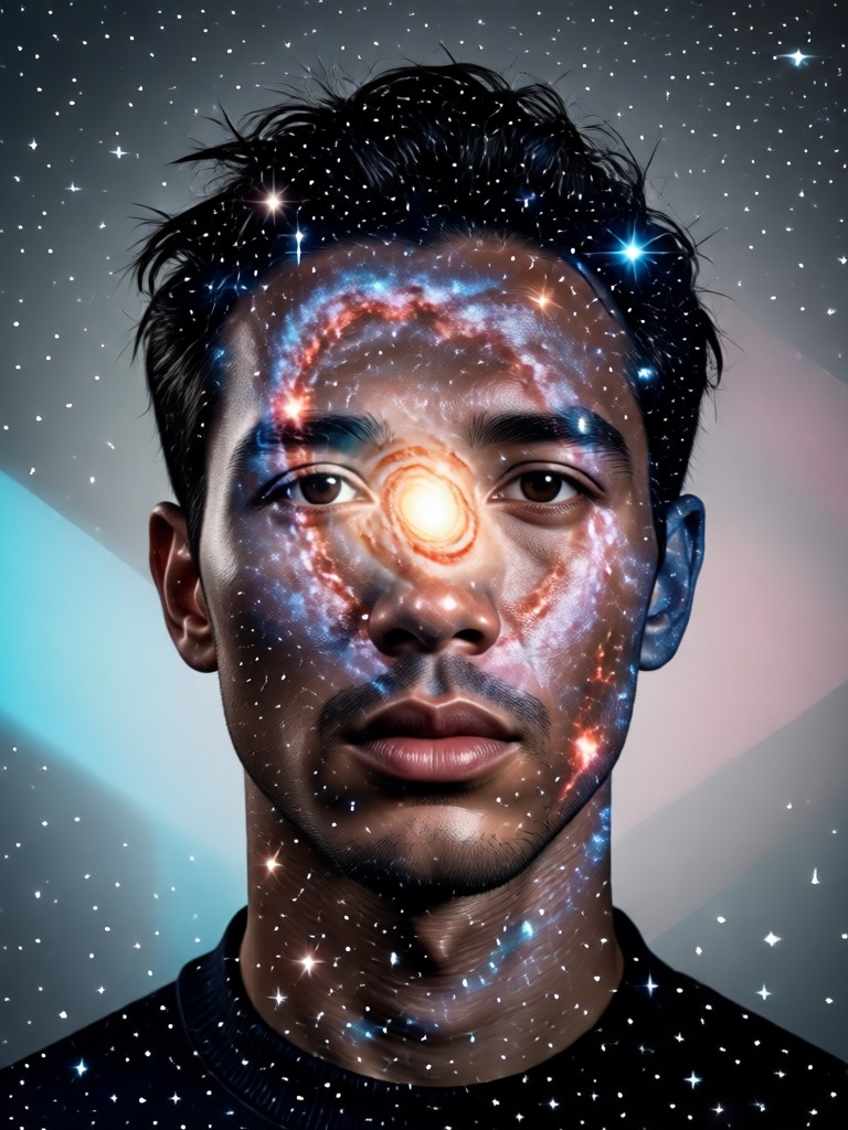 superposición de retrato con cielo estrellado