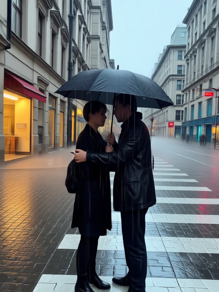 Urban street rain hug with neon lights